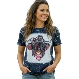 Womens Graphic Tee Rosie The Highland Cow‎ Bleached T Shirt Size Extra Large NWT